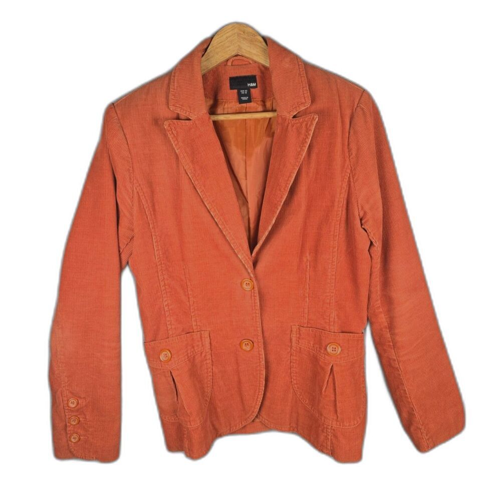 H M Orange Corduroy Blazer 12 Cotton Fitted Tailored Notch Lapel Jacket